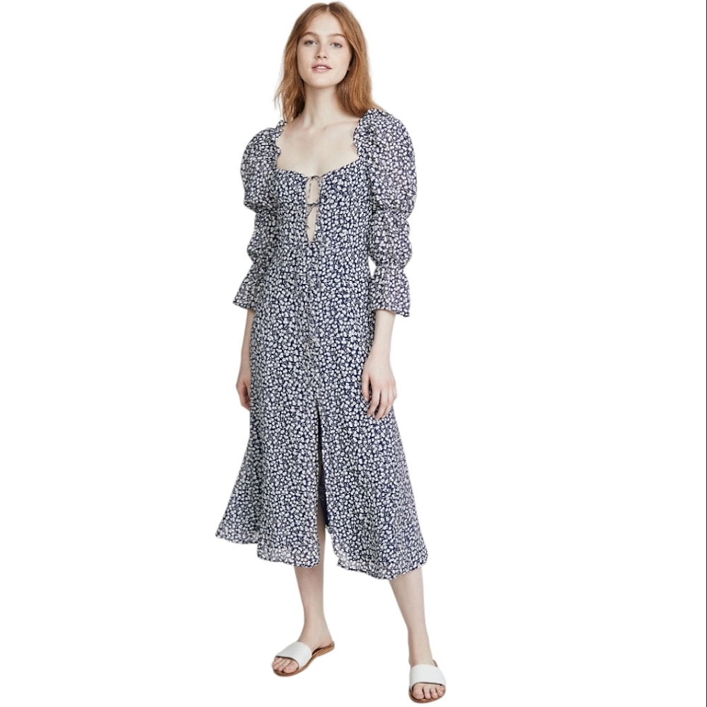 Reformation Roberta Crepe Dress Blue Long Sleeves Midi Size 10 Boho Vacation